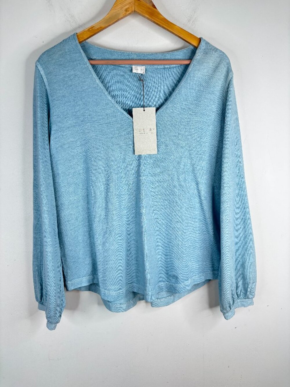 NWT Poetry Top 10 Hemp Organic Cotton Ocean Blue Balloon Sleeve V Neck Lagenlook